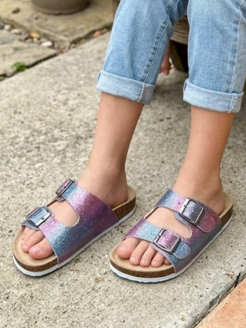 NEW Adrienne Vittadini Sparkle Glitter Slip On Strap Slide Sandal Flip Flop Shoe